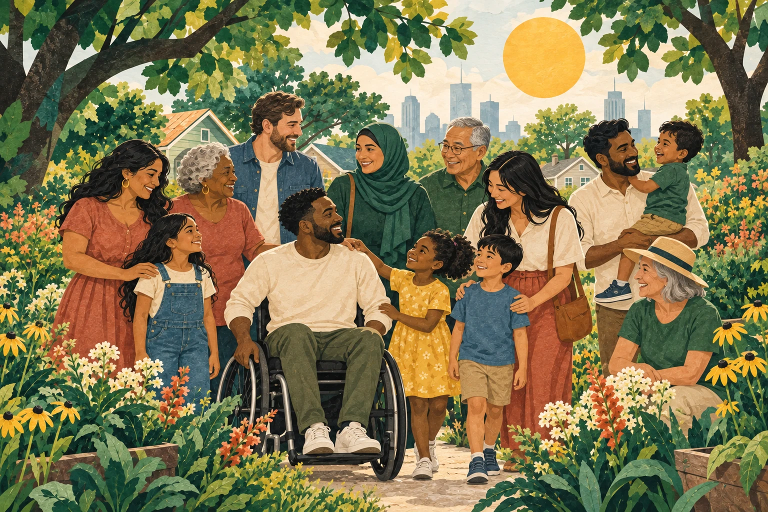 Illustration of a multicultural, multigenerational community gathered in a sunlit garden, including a wheelchair user and a woman in a hijab